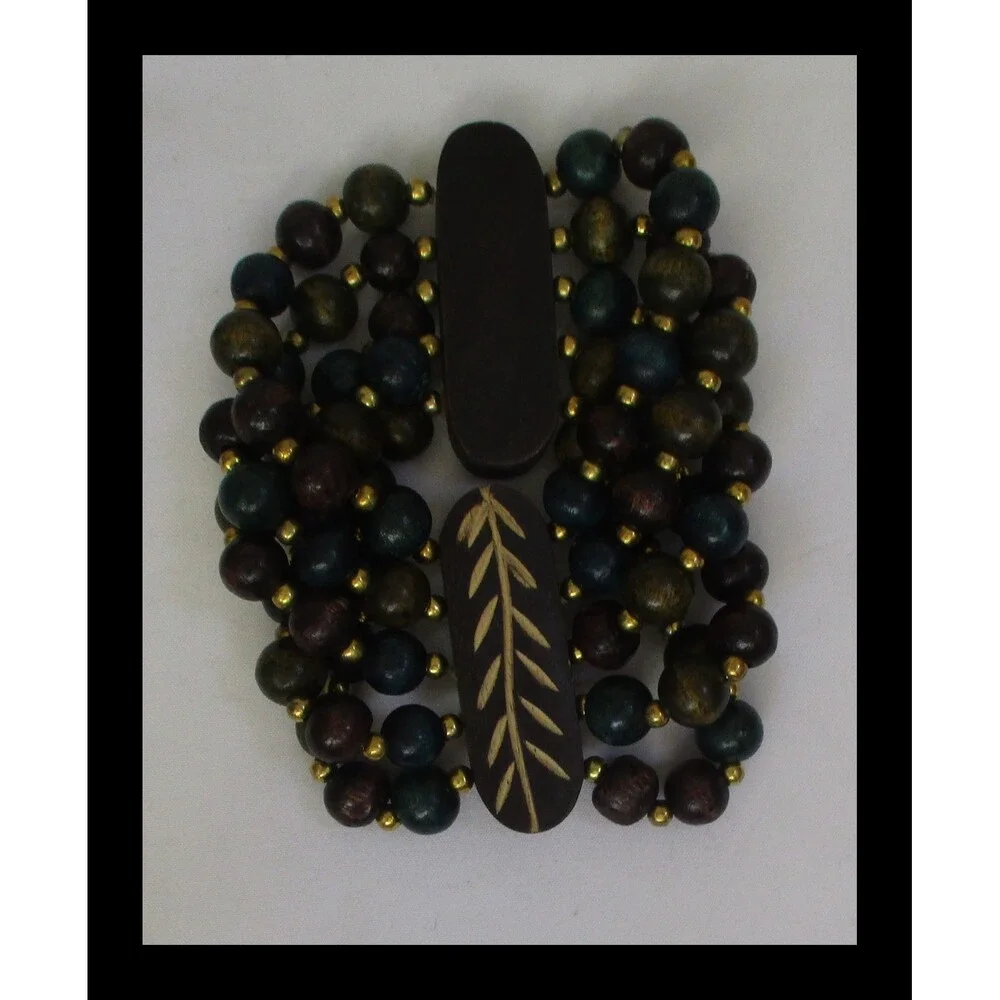 Wood & Gold Colored Beads with Leaf Design Stretch 4 Strand Boho